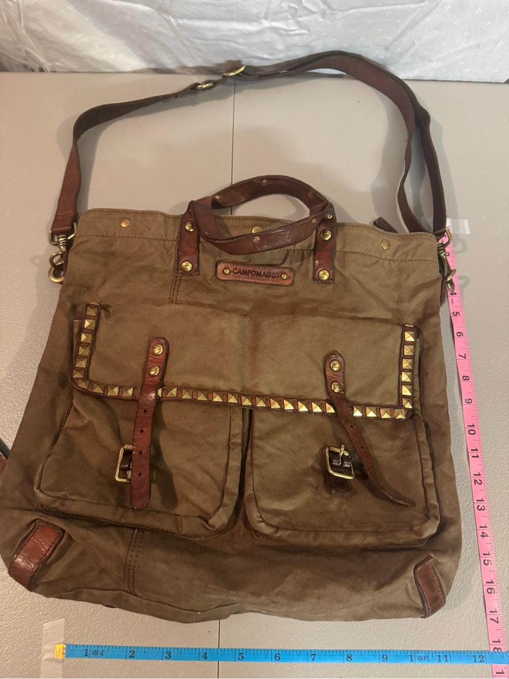 Campomaggi Brown Canvas Messenger/Backpack Bag Leather Trim and Stud Accents